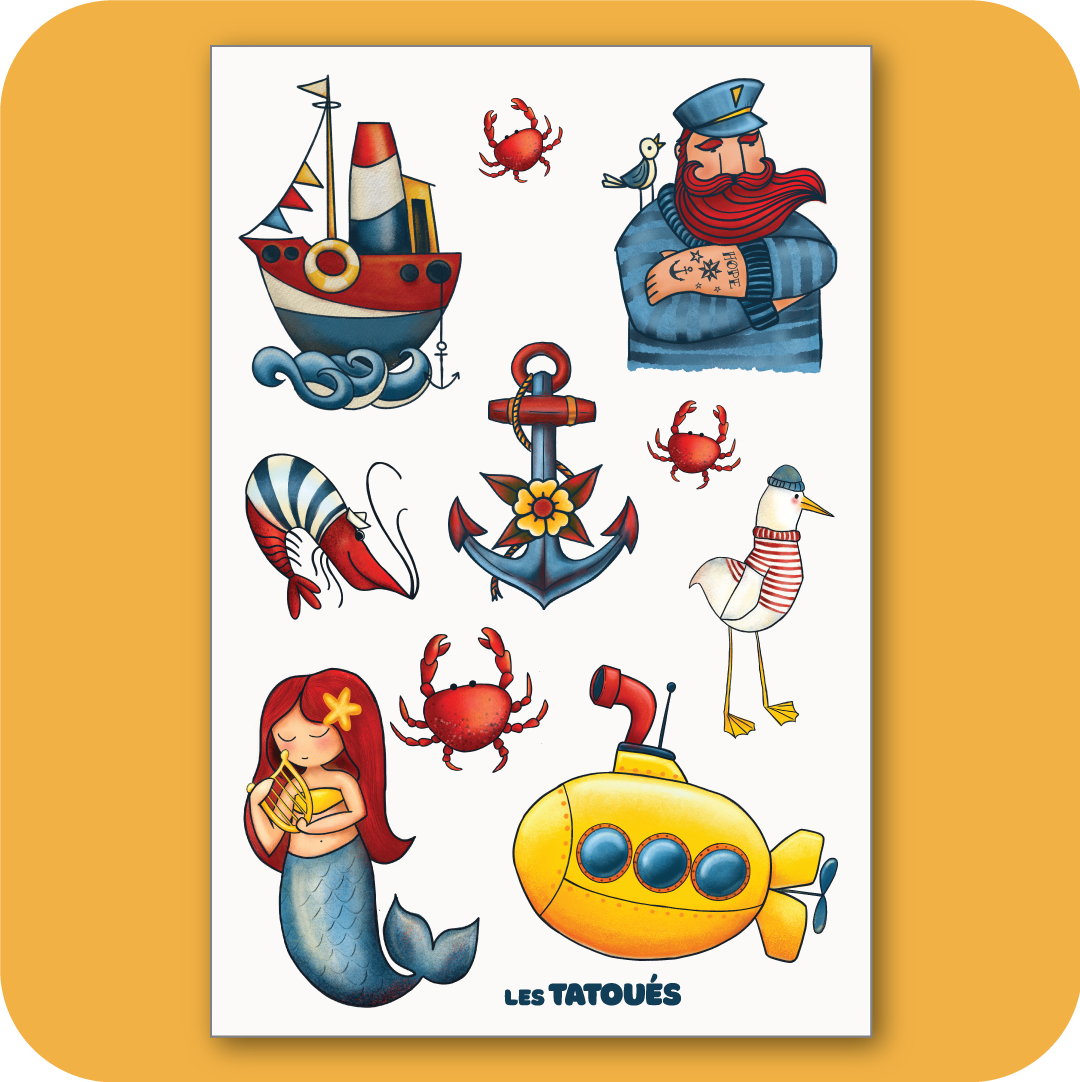 tatouages temporaire enfant marin pêcheur-crabe sirène bateau