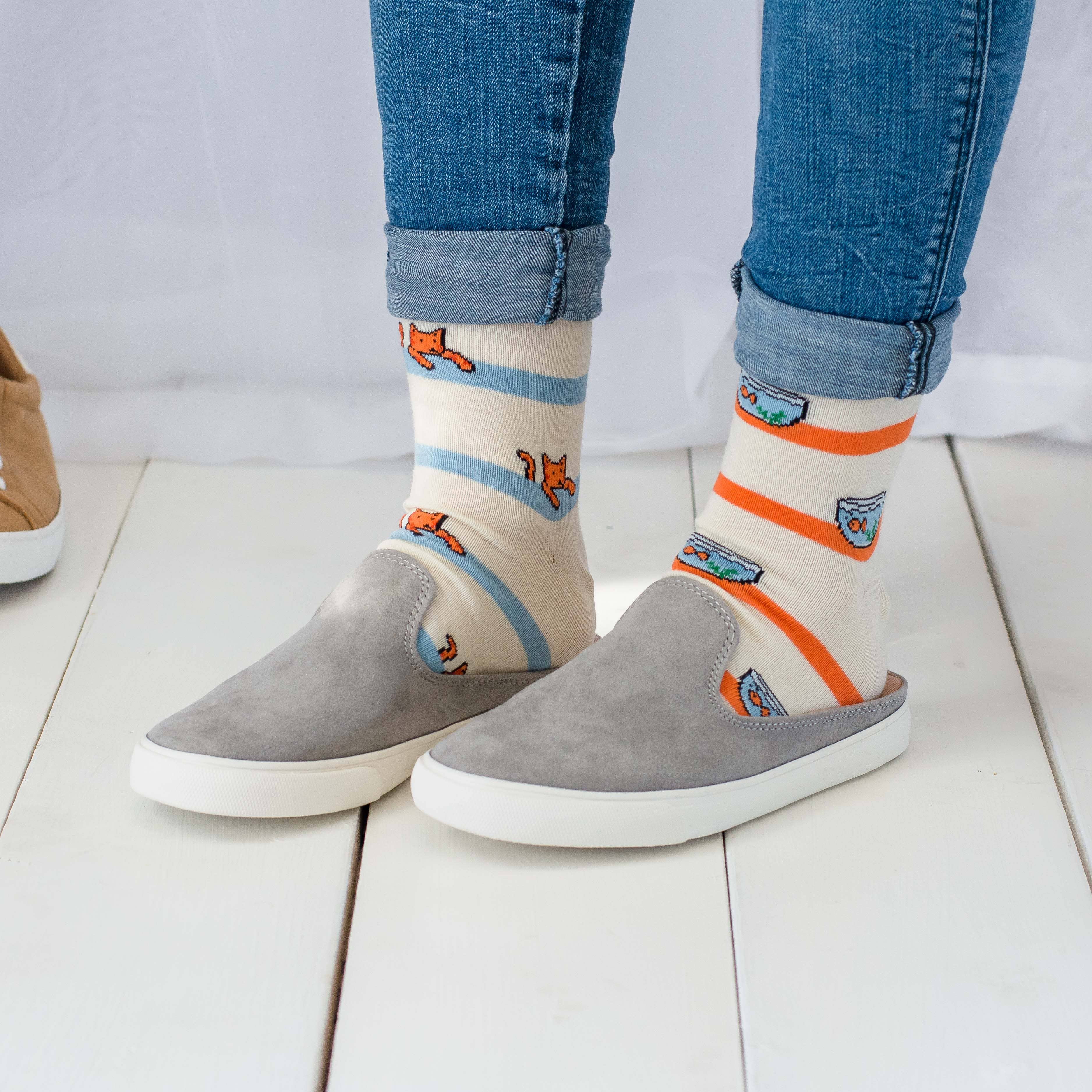 Chaussettes femme | Chat et bol à poisson | Ethically Made