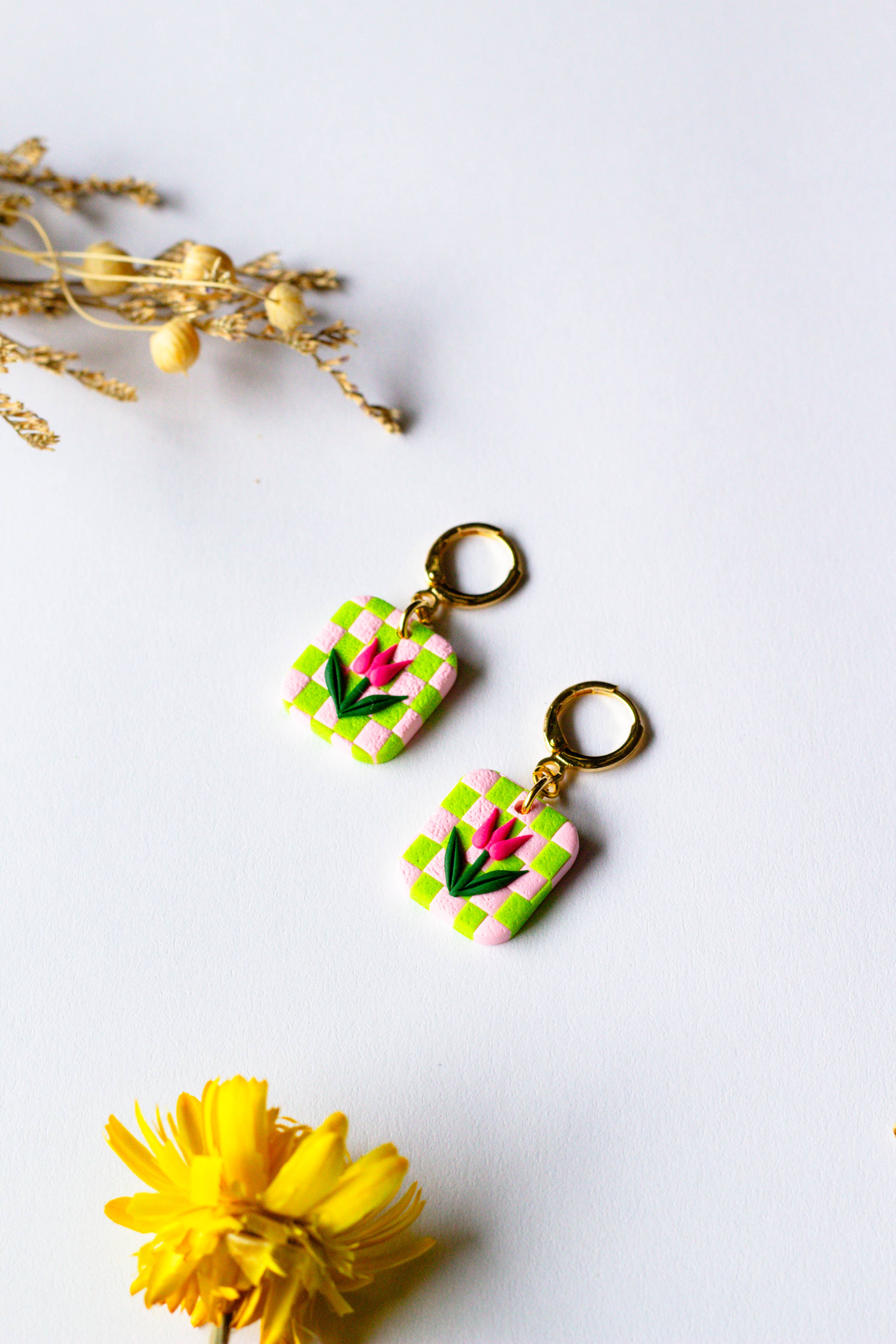 Slow Day Studios - Huggie Tulip en damier - Vert et rose